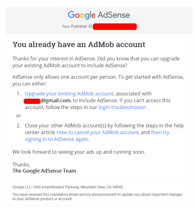 AdSense申请失败解决办法:我们发现，您还有一个 AdSense 帐号。每位用户只能拥有一个帐号。要使用此帐号，请关闭另一个帐号。